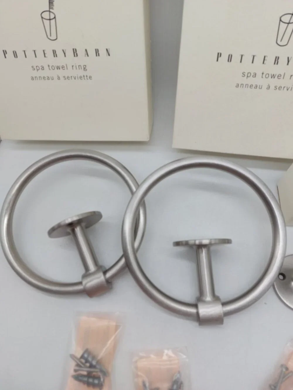 Pottery Barn Chrome Bath Round Towel ring Holder Set Of 2 And 1 Wall Hook READ